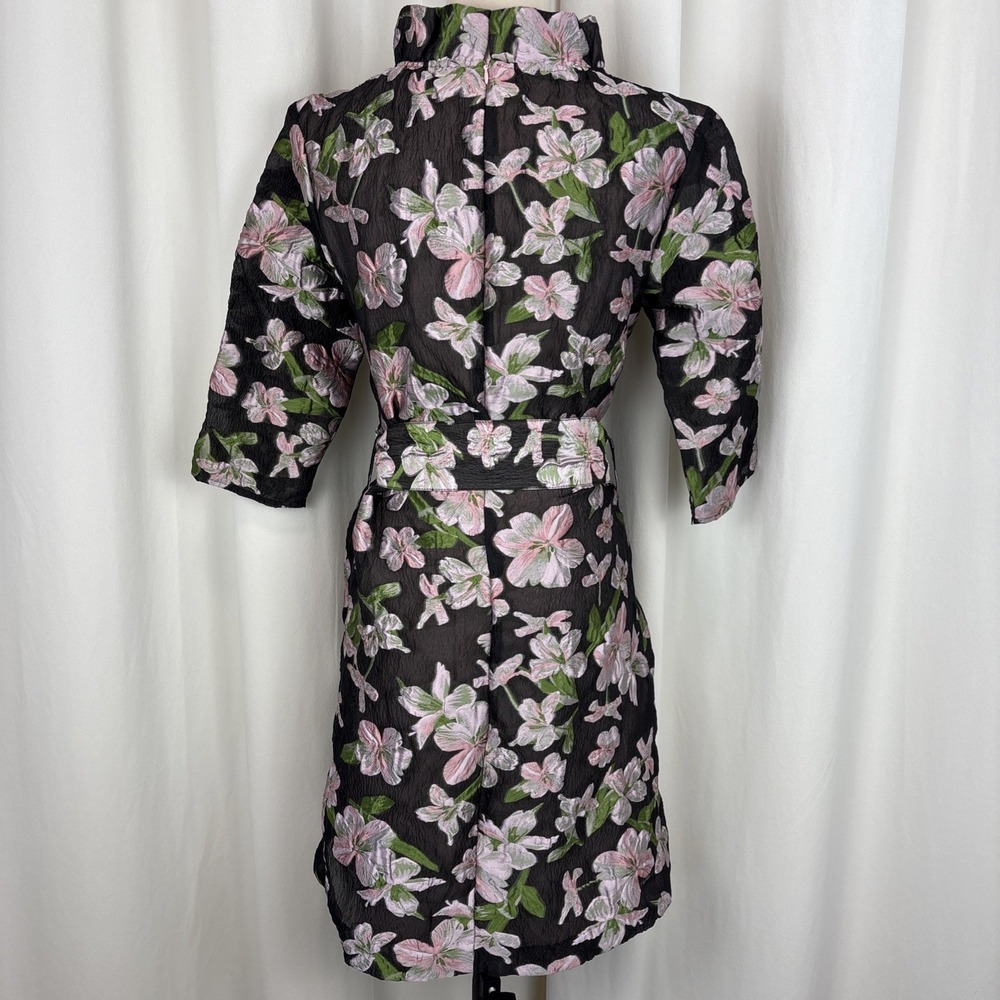 Abbey Glass Claudine Organza Floral Jacquard Ruffle Mock Neck Shift Dress Sz M - Picture 3 of 5